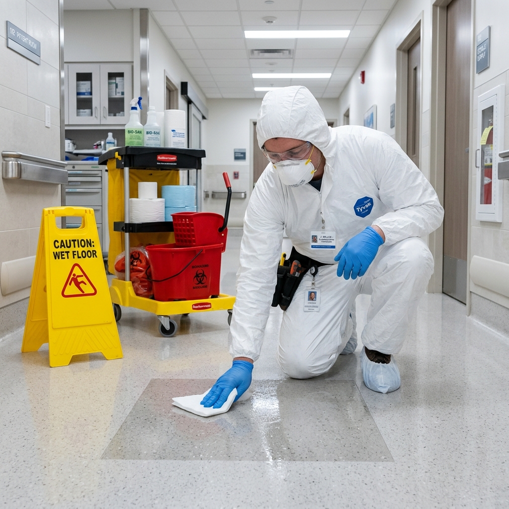 Biohazard technician safely cleaning a hard floor surface in Round Rock TX