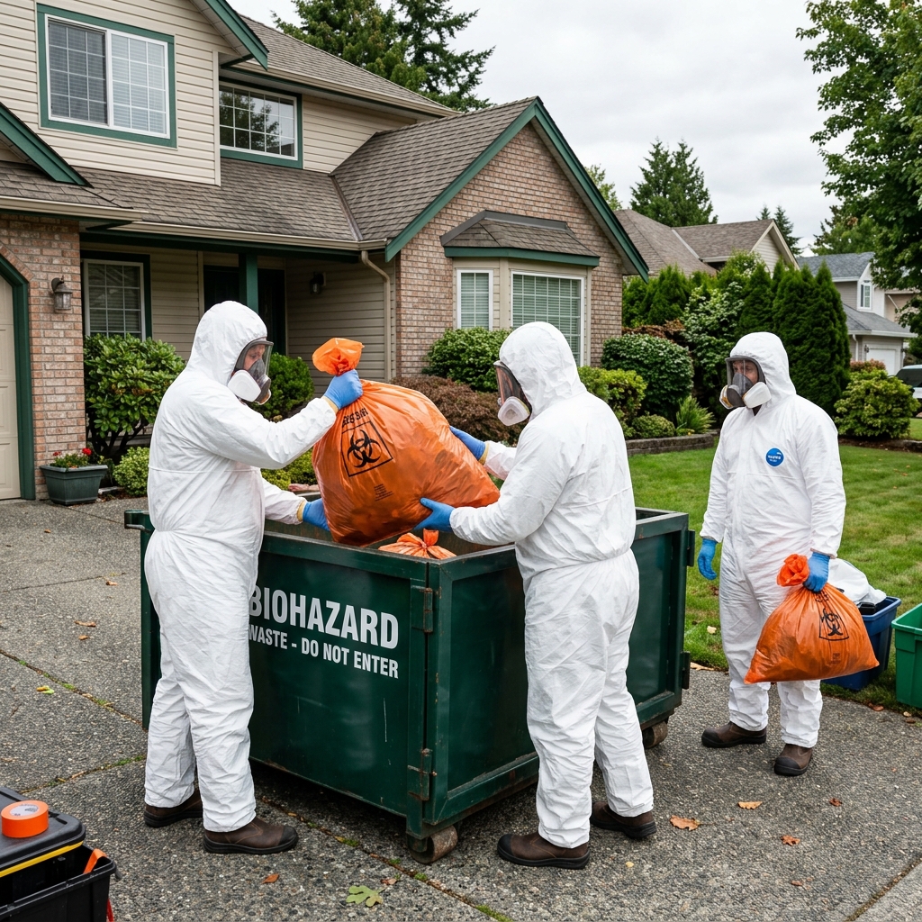 Biohazard technicians safely removing bags during a hoarding cleanup in Round Rock TX