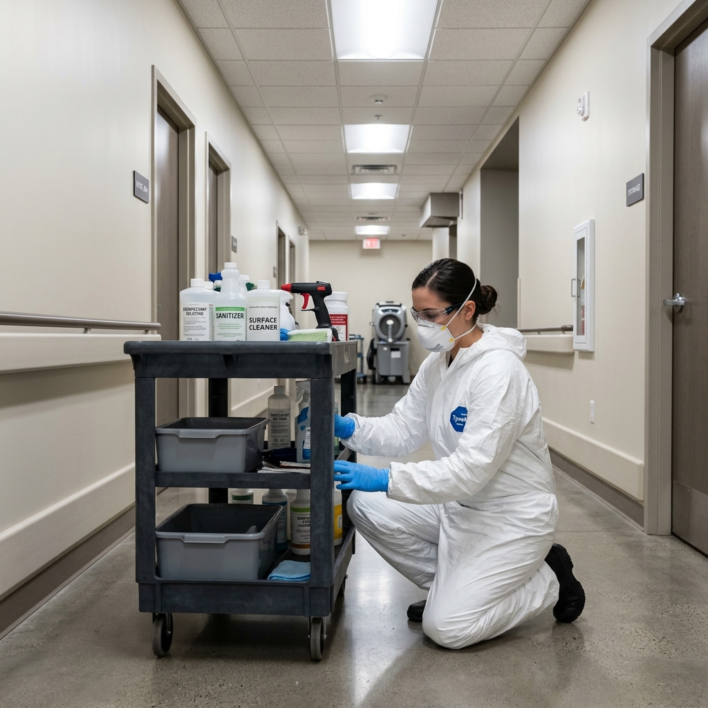 Biohazard cleanup technician setting up sanitization equipment in Round Rock TX