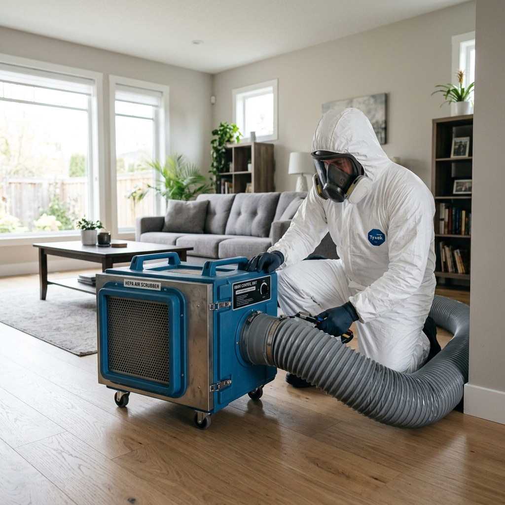 Biohazard technician setting up HEPA air filtration equipment in Round Rock TX